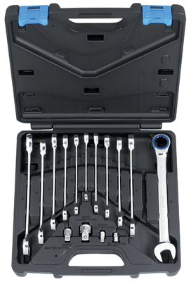 Набор ключей трещоточных комбинированных 72 зуба  8-19мм + 4 переходника, 16 предметов в пластиковом