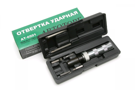 Отвертка ударная "АТ" (хром, 6 насадок, футляр), AT52614