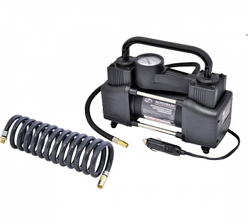 Компрессор двухцилиндровый 75 л/мин с манометром, пневматический спиральный шланг "AUTOVIRAZH", AV-010750