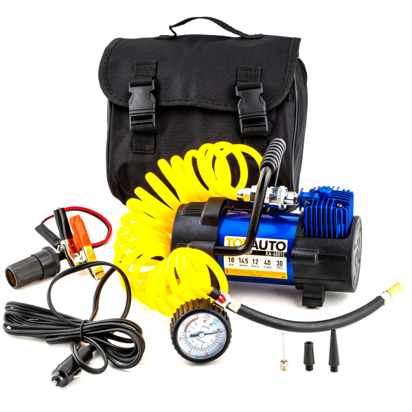 Компрессор автомобильный поршневой ТОП АВТО КА-4001С, Переходник «Прикуриватель-АКБ», ВИТОЙ ШЛАНГ ИЗ